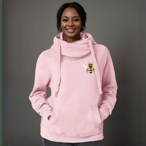 Plus-Size Cowl-Neck Cotton Hoodie with Bee Print