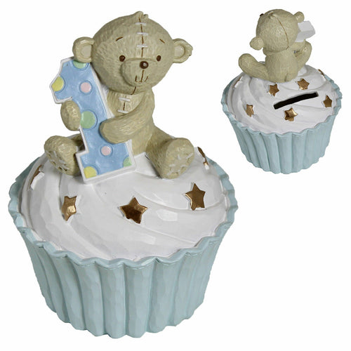 Button Corner 1st Birthday Teddy on Cup Cake Money Bank Blue