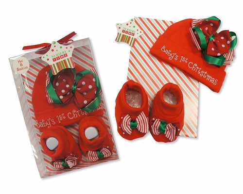 Baby's First Christmas 2 Piece Hat and Booties Set Gift Boxed