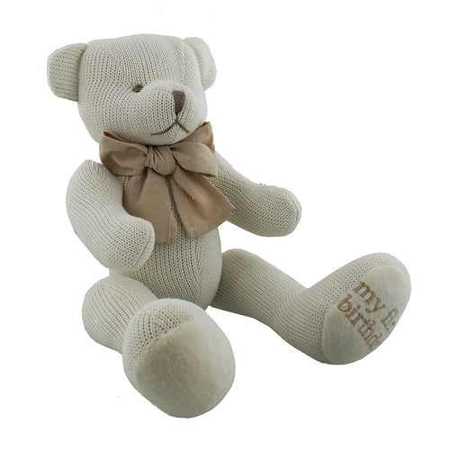 First Birthday Knitted Cotton Bear Soft Toy