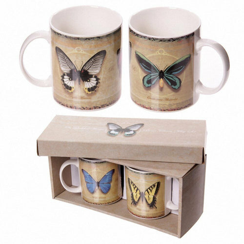 Set of 2 Bone China Mugs - Butterfly Design