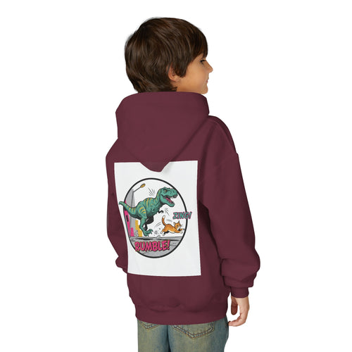 T-Rex Chase Dino Rumble Youth Hoodie | Dinosaur Graphic Sweatshirt