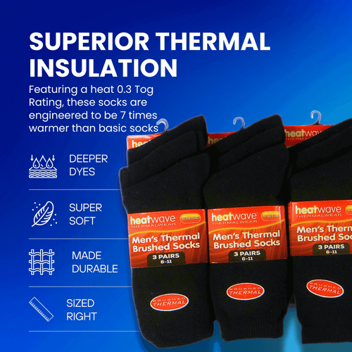 Heatwave Thermalwear Men's Black Thermal Socks 12 Pairs Double Brushed Advanced Knitting Technology