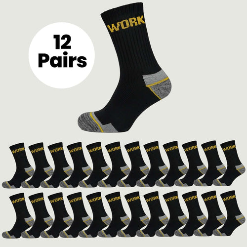 Sock Stack Men's Heavy Duty Work Socks 12 Pairs Cushion Sole Reinforced Toe Heel Black Breathable Cotton Rich Everyday Pack
