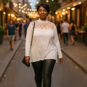 Polo Neck Lace Neckline Long Sleeve Top