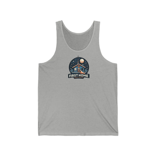 Cozy Unisex Tank Top with 'First Home Radio' Design, Summer Beachwear, Housewarming Gift, Casual Summer Top, Perfect for New Homeowners