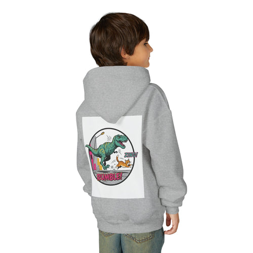 T-Rex Chase Dino Rumble Youth Hoodie | Dinosaur Graphic Sweatshirt
