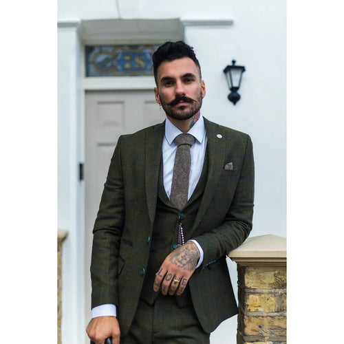 STZ71 - Men's 3 Piece Suit Wool Tweed Green Blue Brown Check 1920s Gatsby Formal Dress Suits