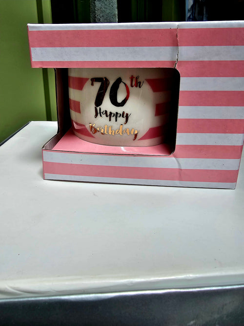 happy 70th   birthday   pink stripped mug