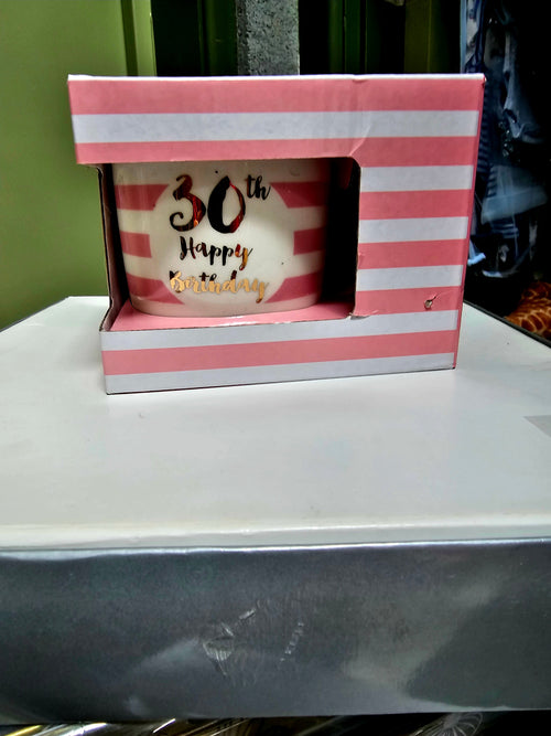 happy birthday stripped mug    30th