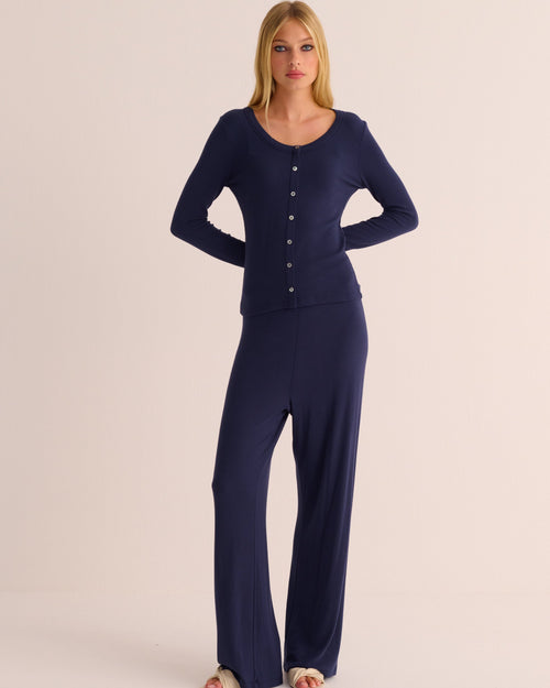 Navy Ribbed Soft Modal Jersey Cardigan and Wide-Leg Joggers Set