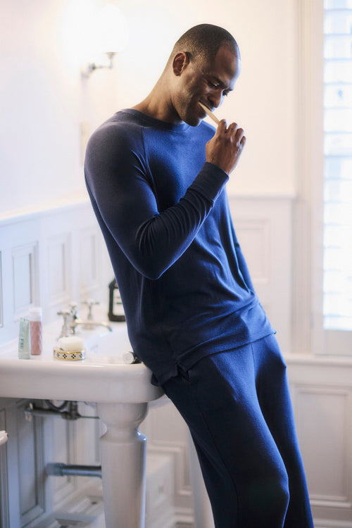 Mens Navy Ribbed Long Sleeve Top