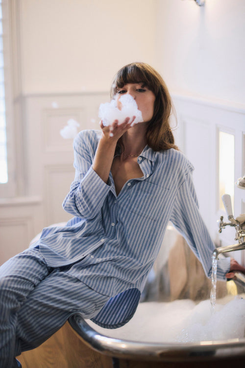 Pale Blue Striped Brushed Organic Cotton Pyjama Set