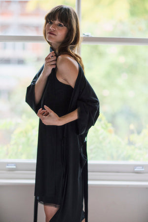 Black Modal Lace Trim Nightdress and Kimono Set