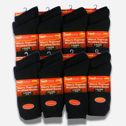 Heatwave Thermalwear Mens Black Thermal Socks 24 Pairs Double Brushed Knit Brushed Base Layer Warmth