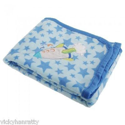 Baby Boys Blue Wrap Blanket With Star Pattern And Embroidered Rocket
