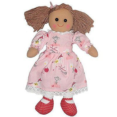 Pink pony print dress rag doll with red shoes and bows in her bunches. size 40cm
