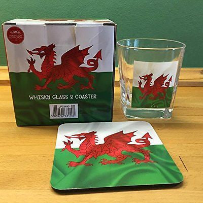Welsh Dragon design Whisky Glass & Coaster