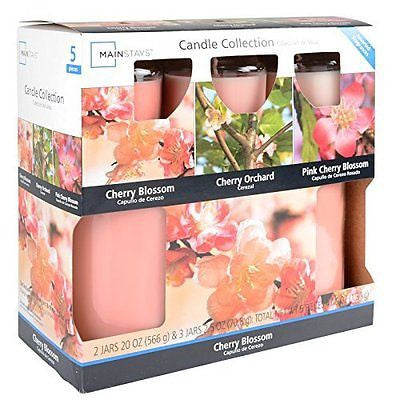 Mainstays 5 piece candle collection in cherry blossom,cherry orchard,pink cherry
