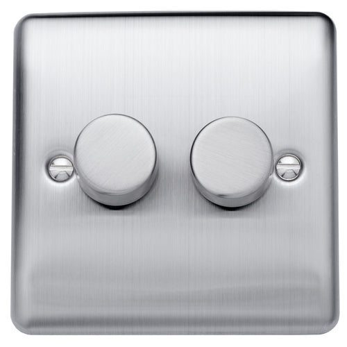 Caradok 100W 2 gang 2way LED Dimmer Switch Brushed Chrome, Metal Switch, Grey Insert