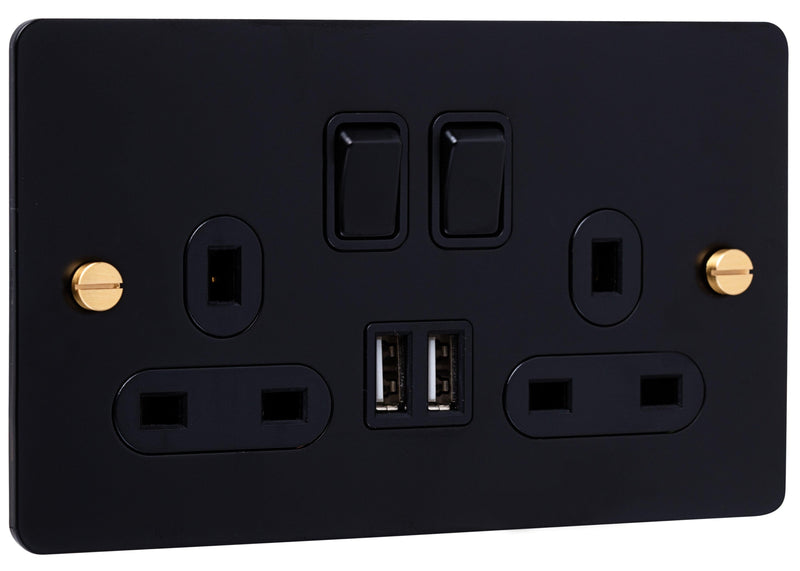 Caradok 2G Matt Black Socket with Dual USB Ports and Brass Screws