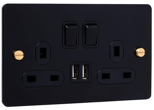 Caradok 2G Matt Black Socket with Dual USB Ports and Brass Screws