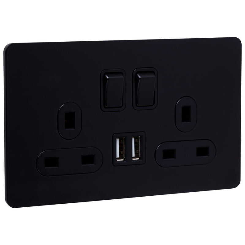 Caradok 2G Matt Black Socket With USB Outlets- The Screwless