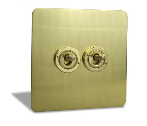 Caradok 2 Gang Screwless Brushed Brass Toggle Switch