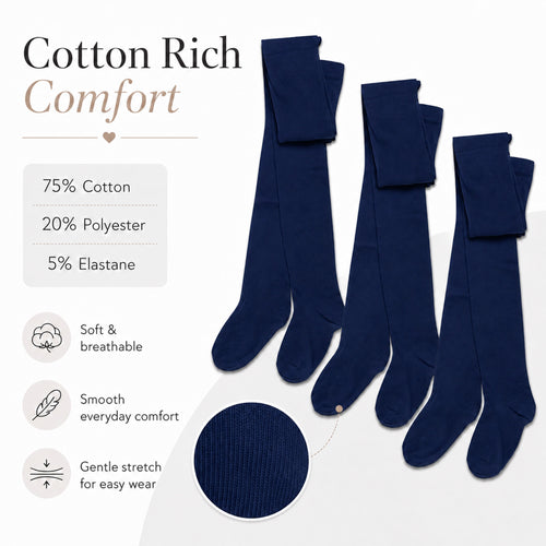 Sock Stack Girls Cotton Lycra Tights 3 Pairs Cotton Rich Back To School Uniform Reinforced Heel Toe Multipack Value