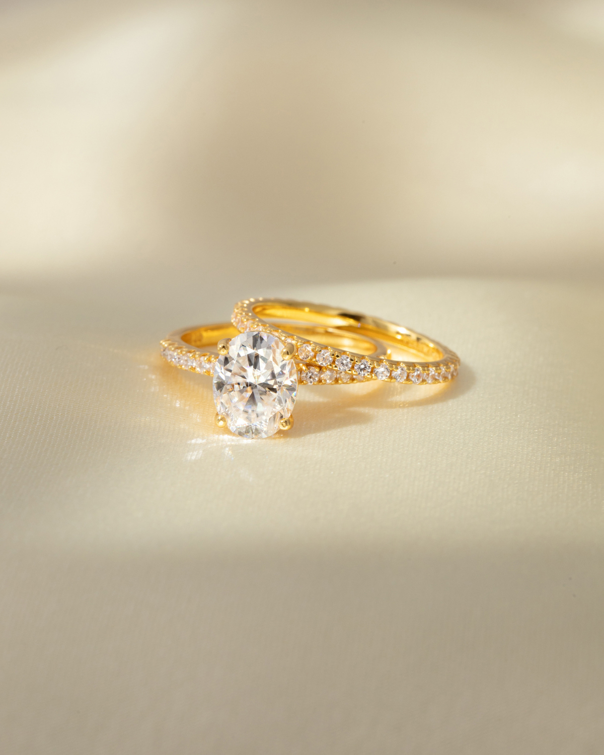 2 ct Oval Solitaire Moissanite Engagement Ring with Pavé Band in 18k Gold Vermeil
