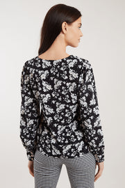 Louche Bindy Mono Sprig Print V Neck Long Sleeve Blouse