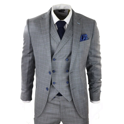 Men's Light Grey 3 Piece Suit Blue Check Double Breast Waistcoat Office Wedding Prom