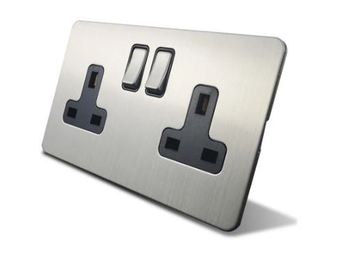 Caradok 2 Gang 13A Screwless Brushed Steel Plug Socket