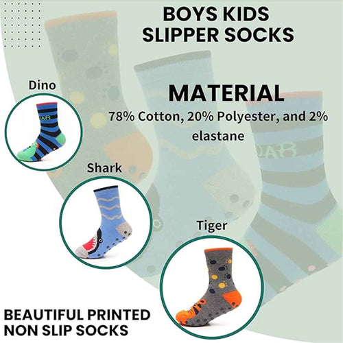 Sock Stack Boys Slipper Socks Three Pack 3 Pairs Non Slip Thermal Indoor Socks Dino Shark