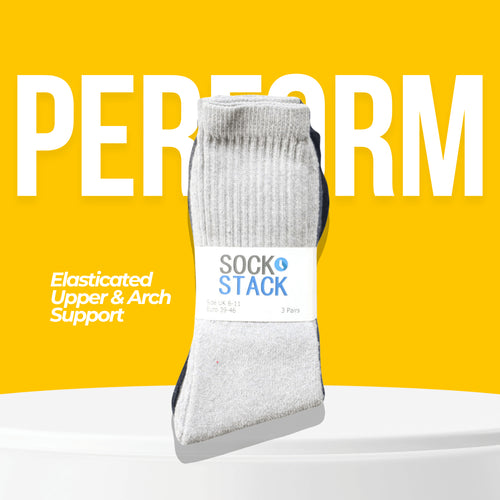 Sock Stack Mens Cotton Rich Performance Sport Socks 15 Pairs UK 6-11 Black Grey White Comfort Cuff Everyday Wear