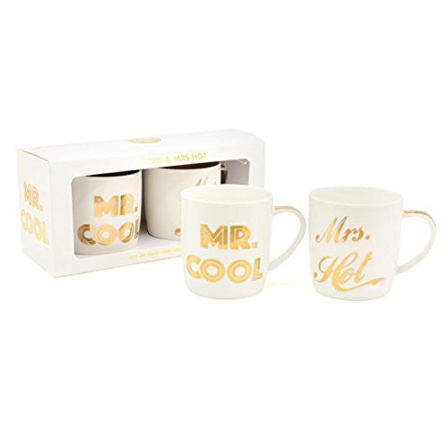 Mr Cool & Mrs Hot White & Gold Funny / Cheeky Duo Fine China Mug Set