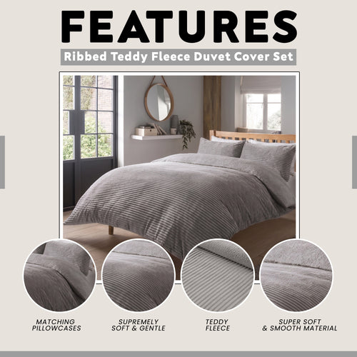 OLIVIA ROCCO Ribbed Fleece Reversible Teddy Duvet Set OEKO-TEX Certified Multiple Sizes
