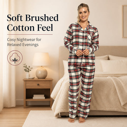 Daisy Dreamer Womens Flannelette Check Pyjama Set Soft Brushed Cotton Easy Care Super Soft Cosy Sleepwear