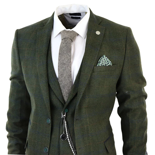 STZ71 - Men's 3 Piece Suit Wool Tweed Green Blue Brown Check 1920s Gatsby Formal Dress Suits