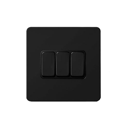 Caradok Matt Black Metal Screwless 3 Gang Light Switch - Black Inserts