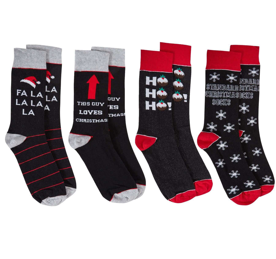 Sock Stack 4 Pack Mens Christmas Socks Cotton Rich Novelty Festive Designs UK 6-11 EUR