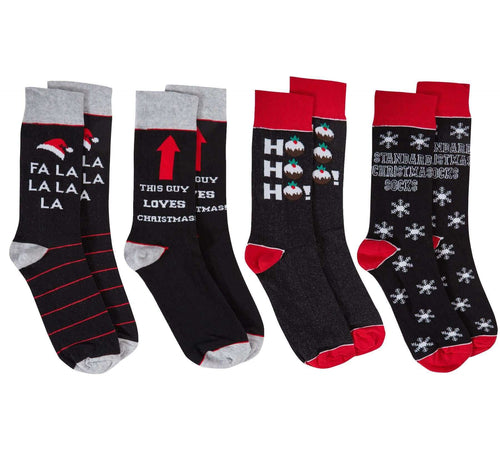 Sock Stack 4 Pack Mens Christmas Socks Cotton Rich Novelty Festive Designs UK 6-11 EUR