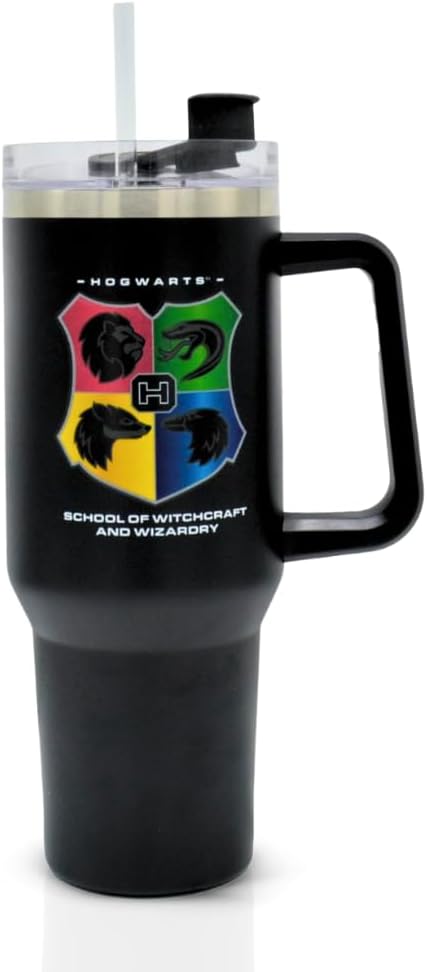Harry Potter Hogwarts 40oz / 1200 ML Tumbler with Straw & Lid | Leak & Spill Proof Travel Mug | Stainless Steel Vacuum Insulated Water Bottle with Handle Keeps Cold for 17Hrs or Hot for 5Hrs