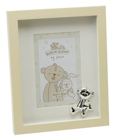 Button Corner 5x7 Photo Frame With Silver Teddy