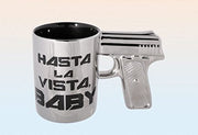 Coffee Mug with Pistol Grip Silver 320&nbsp;ml with Black Lettering Hasta La Vista Baby