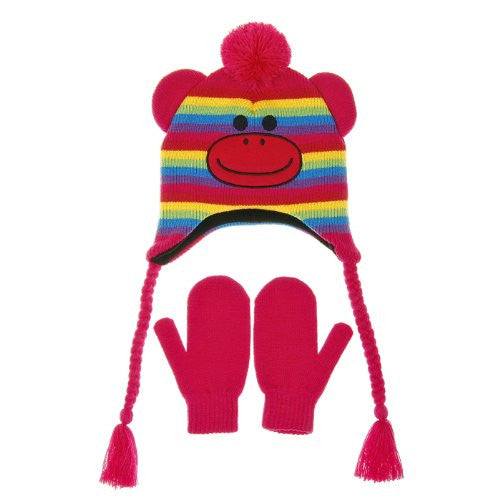 Nuzzles Children's Hat & Gloves Set 5 - 9 Years Striped Monkey