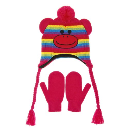 Nuzzles Children's Hat & Gloves Set 5 - 9 Years Striped Monkey