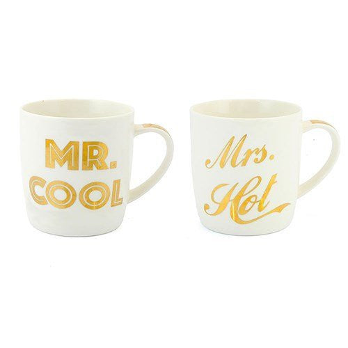 Mr Cool & Mrs Hot White & Gold Funny / Cheeky Duo Fine China Mug Set