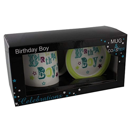 Birthday Boy Blue & Green Ceramic Mug And Coaster Set In Gift Box - For Any Age