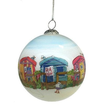beach huts Hand Painted Glass Ball Ornament by Emma Ball